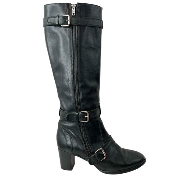 J.Crew Tall Leather Boots Strappy Moto 2.5" Heel in Black Women's Size 7.5 - Picture 5 of 16